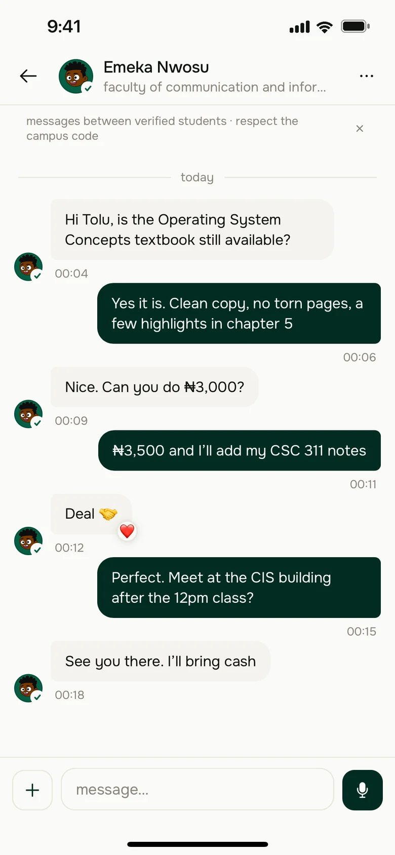 A message thread agreeing a price for a textbook