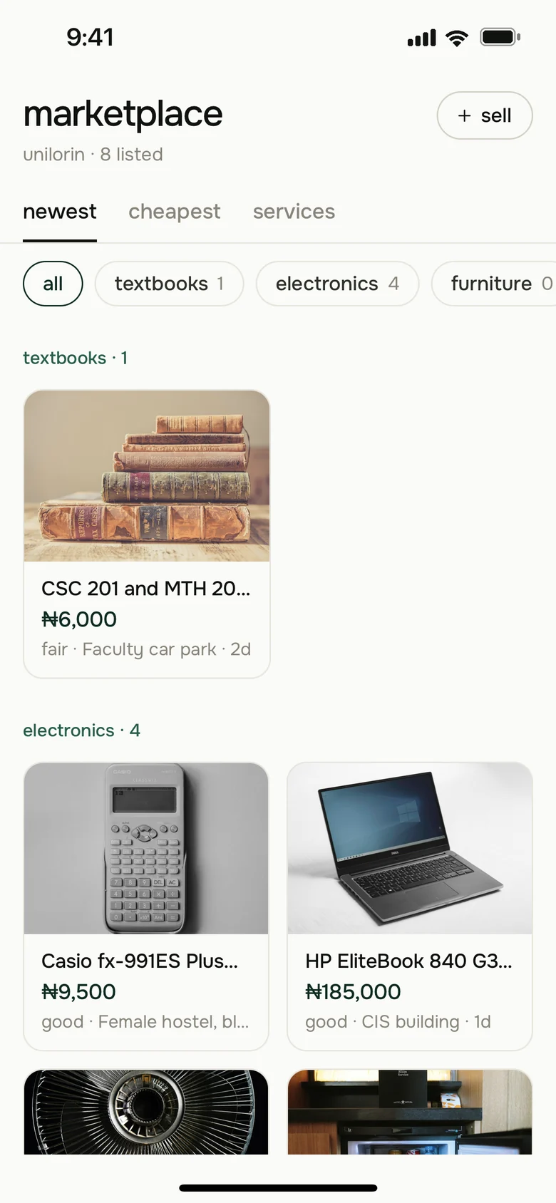 The marketplace, with textbooks and electronics for sale on campus
