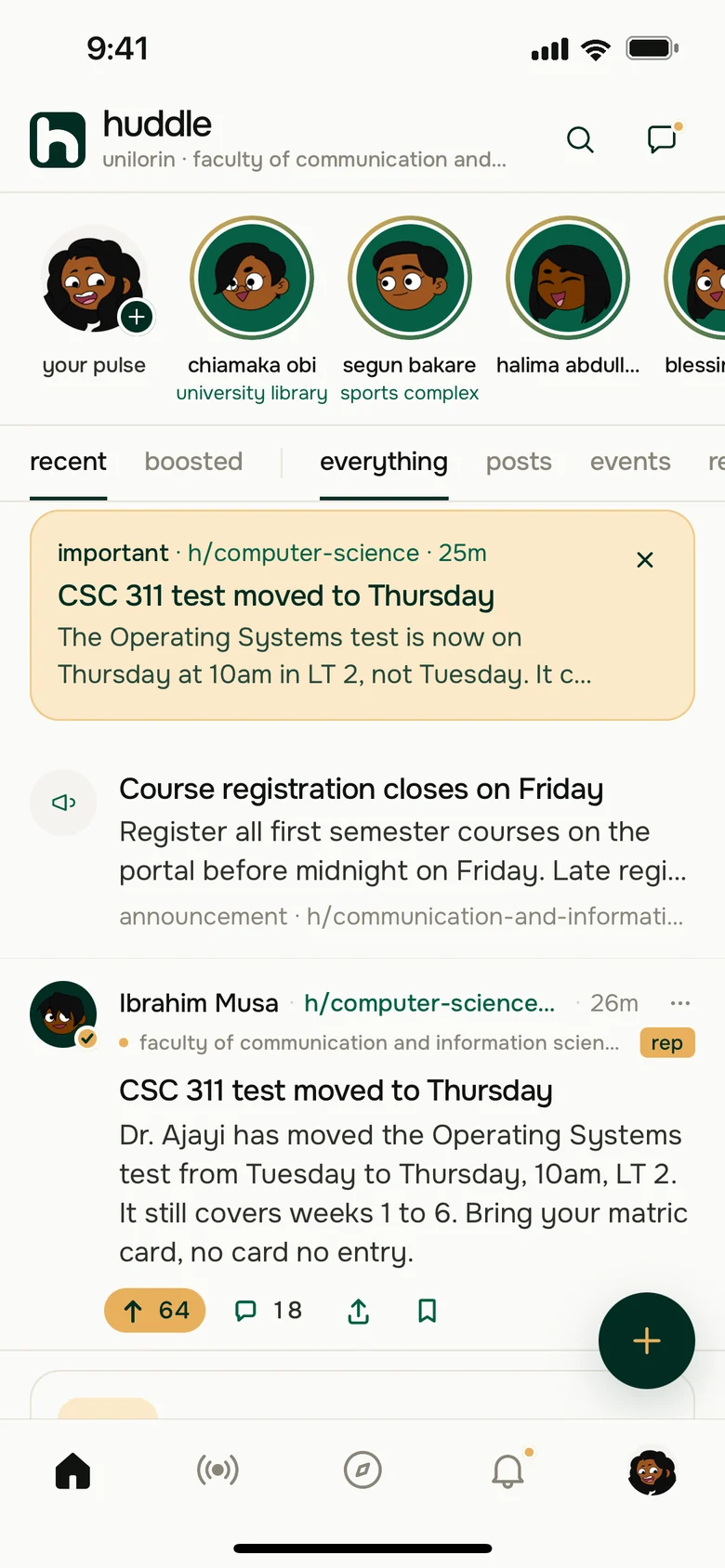 The home feed, with an important notice that the CSC 311 test moved to Thursday