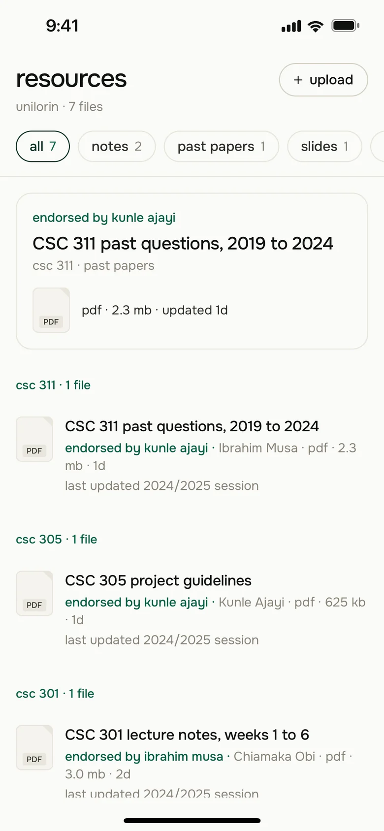 The resources screen, listing past questions and notes for CSC 311