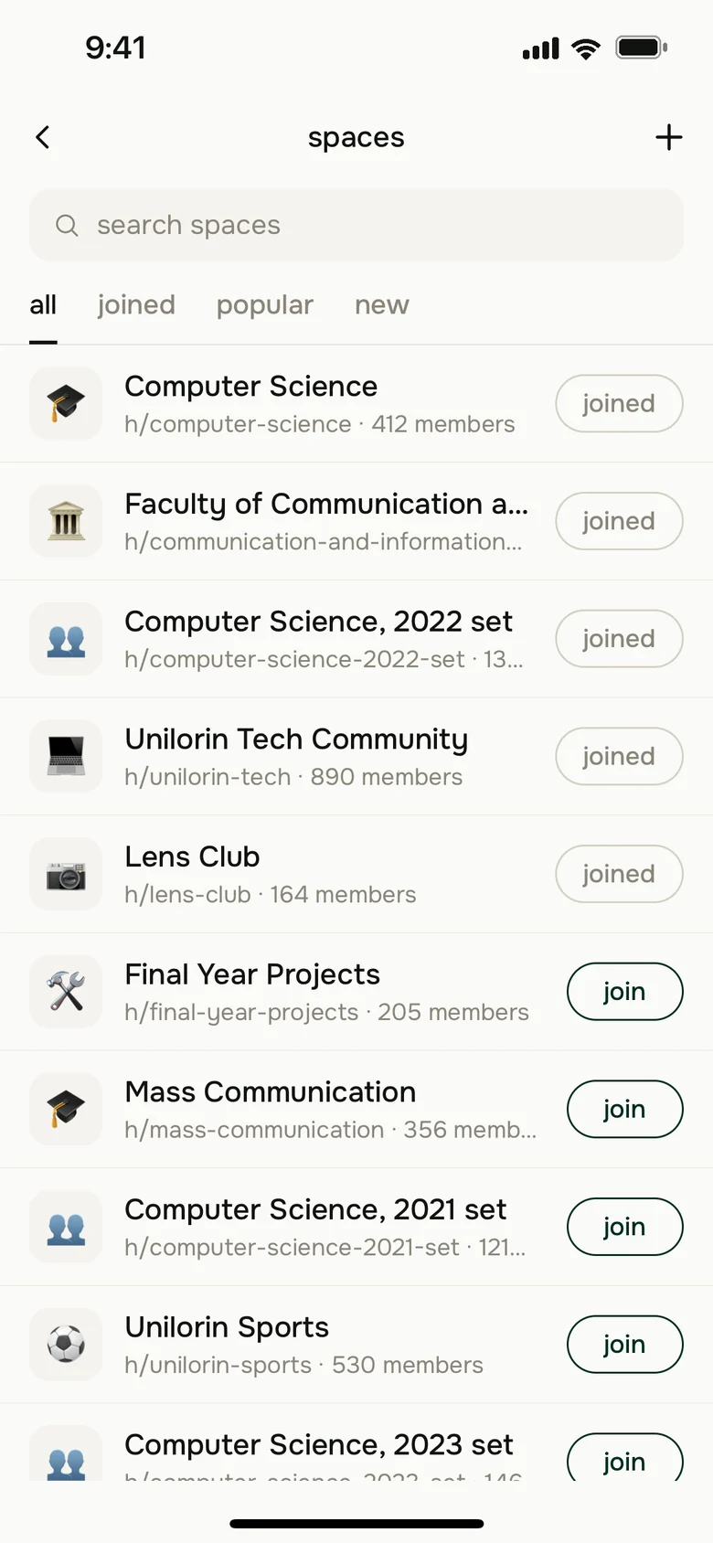 The spaces list: Computer Science, Faculty of Communication, the 2022 set and campus clubs